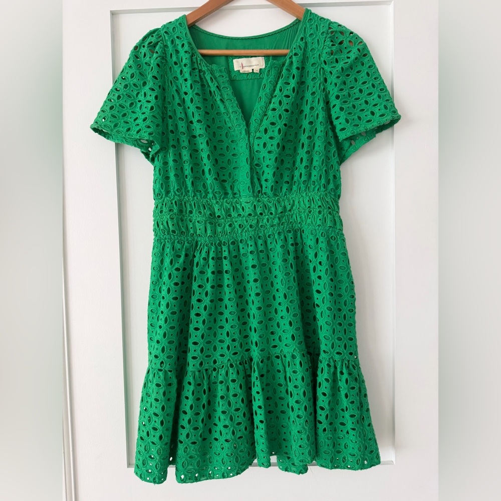 Anthropologie Green Eyelet Detail Dress, Size Small petite